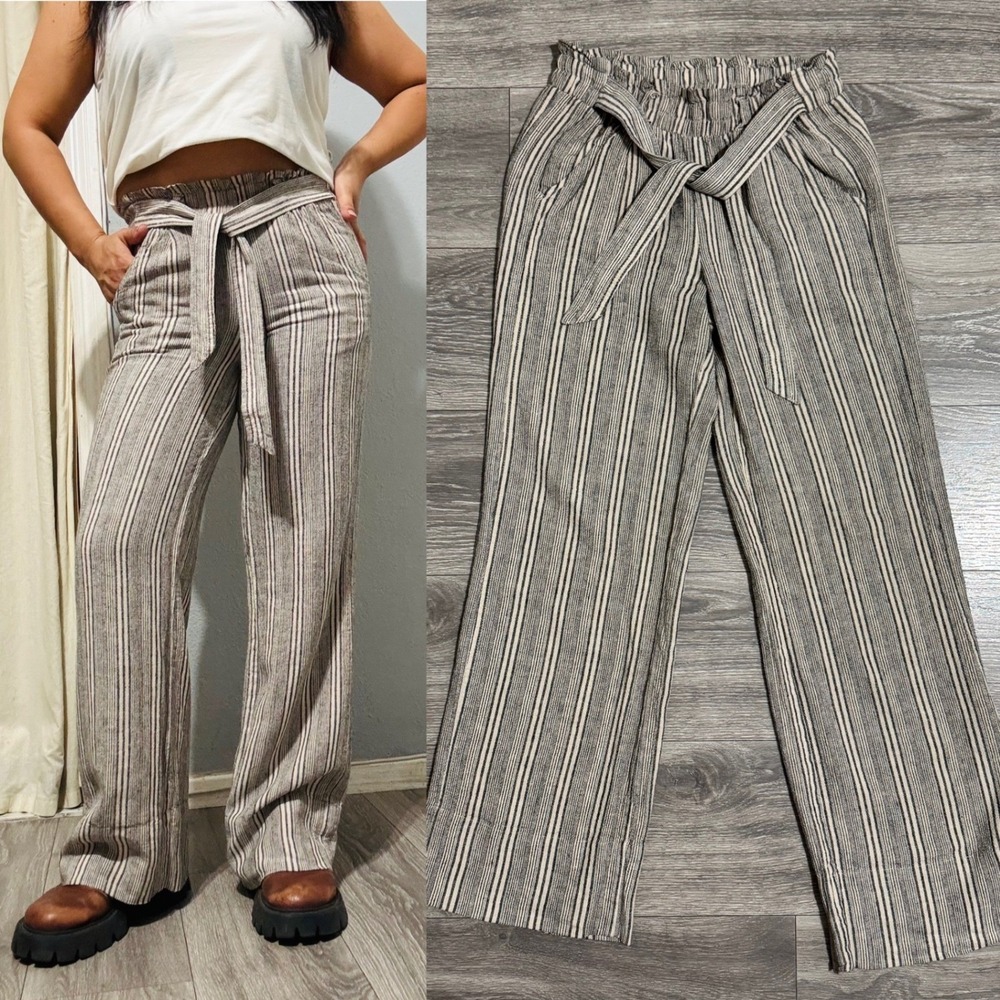 SO Bohemian Linen Blend High Rise Wide Leg Pants Small Cream Trousers Striped